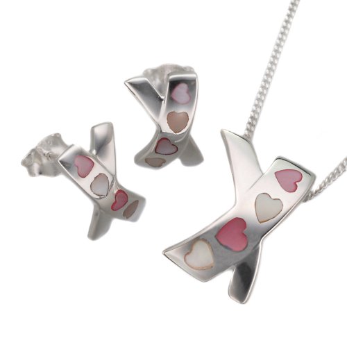 Silver Pink & White Mother Of Pearl Heart Kiss Pendant + Earring Set 16