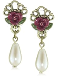 1928 Jewelry Fuschia Flower and Pearls Brass Scalloped Drop Earrings