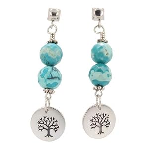 Round Tree of Life Dangle Earrings in Sterling Silver with Faceted Turquoise Gemstone Beads on a Sterling Silver Post, #7458