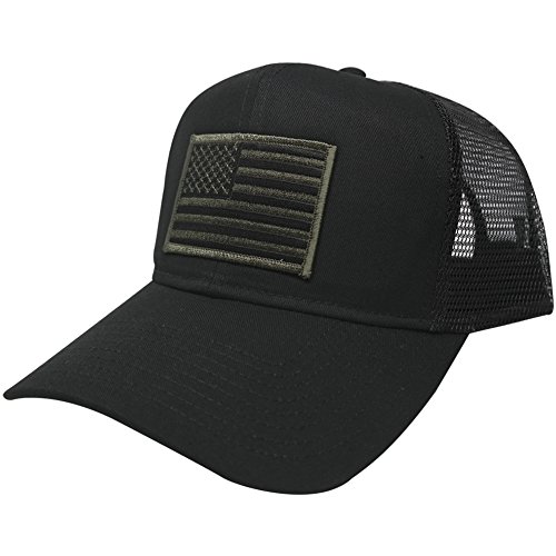 Usa American Flag Patch Snapback Trucker Mesh Cap - Black, Subdued Olive Patch (763366252185)