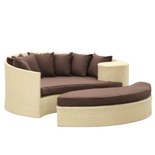 LexMod Taiji Outdoor Rattan Daybed with Ottoman, Tan with Brown Cushions