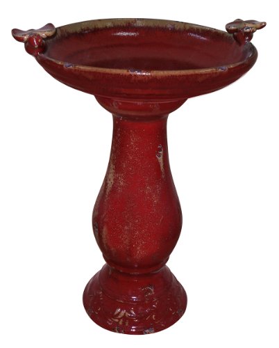 Antique Ceramic Bird Bath w/ Birds - Red