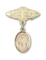 14K Gold Baby Badge with Our Lady of Peace Charm and Badge Pin with Cross