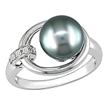 14K White Gold .05 ctw Diamond and 8-9mm Black Tahitian Pearl Ring