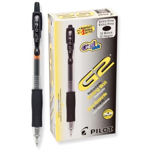 Pilot G2 Retractable Gel Ink Roller Ball Pen, Extra Fine Point, Clear Barrel, Black Ink, 12-Count