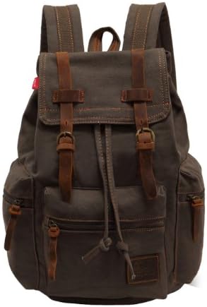 Herebuy - Vintage Canvas Drawstring Backpack for Travel Rucksack Backpack for Men (Dark-Green)