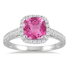 1.75 Carat Cushion Cut Pink Topaz and Diamond Ring in 10K White Gold