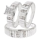 1 1/3 Carat T.W. Round, Princess Cut Diamond Trio Matching Wedding Ring Set 10K White Gold - Size 7