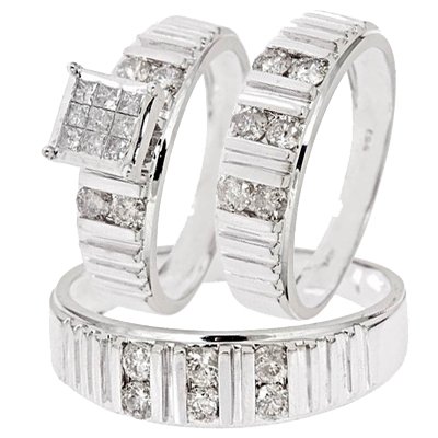 1 1/3 Carat Diamond Trio Wedding Ring Set 14K White Gold