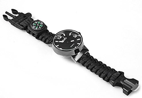 6 in 1 Survival Fire Starter Paracord Compass Whistle Rescue Bracelet Outdoor Watch