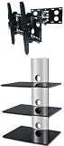 PACKAGE DEAL! Three SHELVES Wall Mount for AUDIO VIDEO Equipment-BLACK Glass SILVER Tube + Universal SWIVEL / TILT Bracket with EXTENSION ARM for ALL TV Brands 37 40 42 46 47 50 52 54 55 58 60 inch TV Flat Panel-HD Ready Screen