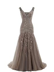 V-neck Mermaid Embroidered Beaded Lace-Up Cocktail Floor Length Tulle Club Dress/Prom Dress/Wedding Dress 