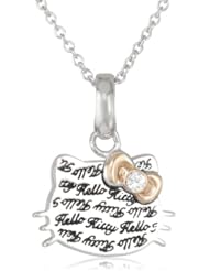 Hello Kitty by Simmons Jewelry Co. Czech Crystals Engraved Script Face Rose Gold Bow Girls Charm Pendant Necklace