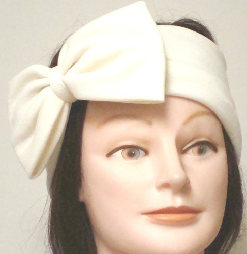 Hand Made Ivory Color Double Knit Wool Jersey Headband with Bow