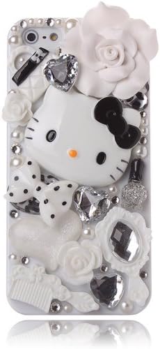 FiveLimit(TM) For Apple iphone 5 and 5S 3D Bling Luxury Crystal Fairy-Tale White Hello Kitty Flower Case Cover Skin (Package includes: 1 X Screen Protector, And Extra Pearls) (Whtie Fairy Kitty)