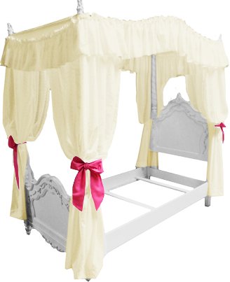 Girl's Princess Twin Size Solid Beige / Off White Drape Canopy with Hot Pink Ribbon Ties Girl's Princess Twin Size Solid Beige / Off White Drape Canopy with Hot Pink Ribbon Ties