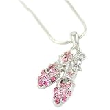 Gorgeous Pink Crystal Double Ballet Slipper Shoes Charm Necklace Silver Tone