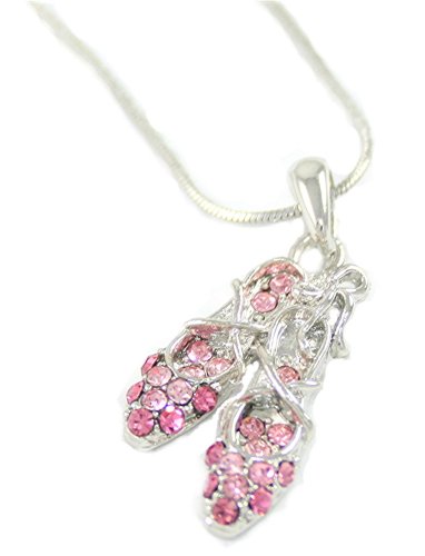 Gorgeous Pink Crystal Double Ballet Slipper Shoes Charm Necklace Silver Tone