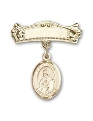 14K Gold Baby Badge with St. Paul the Apostle Charm and Arched Polished Badge Pin