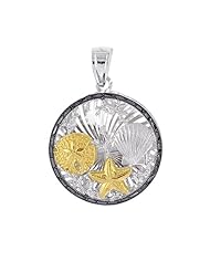 14 Karat Yellow Gold and Silver With Rhodium Finish 18" Shiny Textured Oval Link Chain Necklace Fancy Sea Life Round Pendant With Starfish Sand Dollar