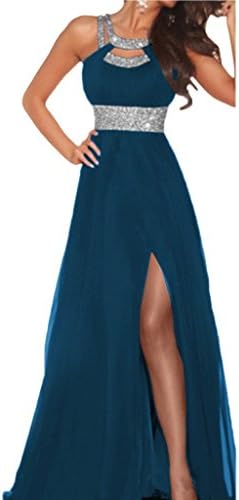 KissBridal Women's Beaded Slit Bridesmaid Evening Party Prom Chiffon Gown Dress (8, Ink Blue)