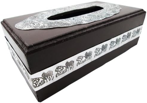 Sasinee Collection Tissue Box Cover Holder Made From Naturl Wood and Carved Elephant Into the Silver