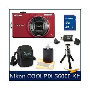 Nikon COOLPIX S6000 Digital Camera (Red), 14.2 Megapixel, 7x, 28-196mm Equivalent Zoom, 2.7