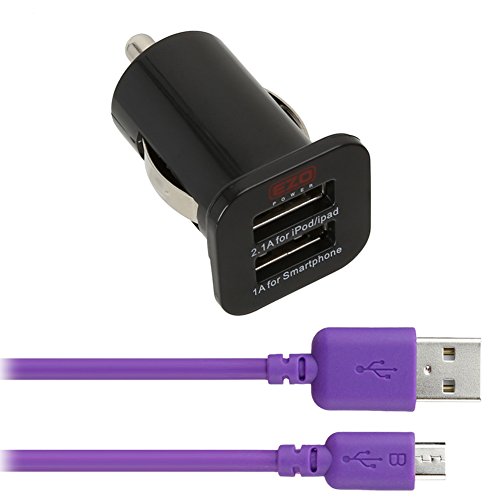 EZOPower Dual USB Car Charger Adapter w/ USB Cable for Motorola Moto E (2nd Gen.), Moto G (2nd Gen.), Moto X (2nd Gen.) and more Cellphone Smartphone Tablet (Cable Purple 10Ft)