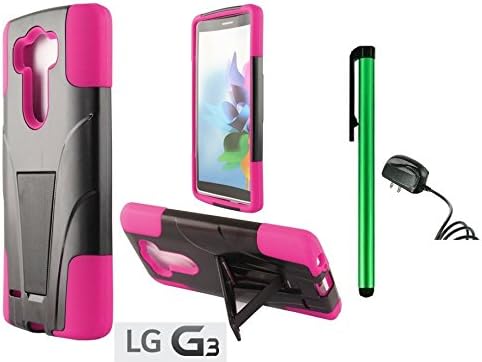 LG G3 Premium T-Stand / Side-Stand Hybrid Holster Design Protector Hard Cover Case (For 2014 LG New Flagship Android Phone) + Travel (Wall) Charger + 1 of New Assorted Color Metal Stylus Touch Screen Pen (PINK / BLACK)
