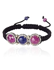 18kt Gold Diamond Pave Sapphire & Ruby Charm Macrame Stretch Bracelet Silver Jewelry
