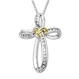 XPY Sterling Silver and 14k Yellow Gold Diamond Love Knot Cross Pendant (.10cttw, I-J Color, I2-I3 Clarity), 18"