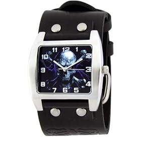 Center Skull Blue Lightening Punk Pirate Skater Gothic Biker Wide Leather Band Wrist Watch