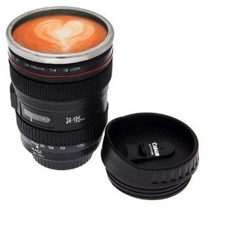 Camera Style Coffee Mug / Cup / Thermos with Drinking Lid &amp; Quality Stainless Steel Interior-24-105mm -black (Black)