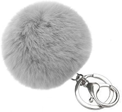 Fashion Soft Elegant Real Rabbit Fur Ball Silver Keychain Handbag Key Rings,Grey