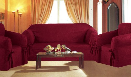 3 Pieces Corduroy Suede Couch / Sofa Cover Slipcover Set - Burgundy