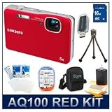 Samsung AQ100 12 MP Camera Red, Waterproof to 10', 5x, 35-175mm Equivalent Zoom, Records 720p Video Underwater or On Land, Aqua Mode Setting f/Underwater Shots, Deluxe Carrying Case, 3pc. Lens Cleaning Kit, Card Reader, 16 GB Memory Card, Battery, & More