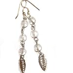 Quartz Earrings 01 Dangle Leaf Silver Clear Orb Beaded Crystal Healing Gemstone 2.5
