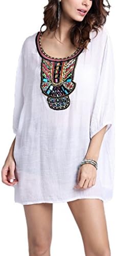Women's Bohemia Plus Size Round Neck Blouse Shirt Embroidered Half Sleeve Tops