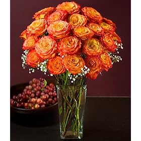 Valentine's Day Flowers - Two Dozen Long Stemmed Sunset Roses with Vase
