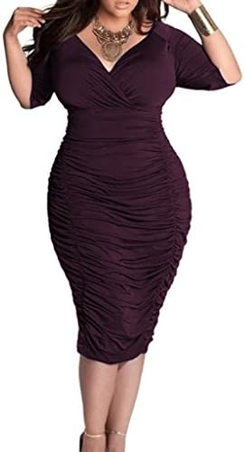 Attractive Look Women V Neck Ruched Slim Fit Plus Size Club Dress Wine Red 3XL