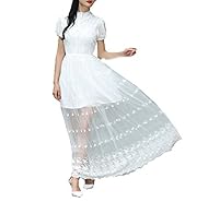 Summer Puff Sleeves Short Sleeves Chiffon High-Neck Lace Vintage Sheer Maxi Dress 