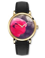 SPRAWL Aanalog Fashion Series Gold Ladies Watches of Genuine Black Leather Strap,Unique Wrist Watch for Women Girls Designed with Tulips red