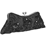 Black Vintage Rhinestones Beaded Rosette Pattern Evening Handbag, Clasp Purse Clutch w/2 Detachable Chains