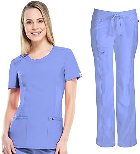 Infinity by Cherokee Womens 2624A Round Neck Top with badge loop &amp; 1123A Straight Leg Low Rise Comfort Pant Medical Uniform Scrub Set Top &amp; Pants + FREE GIFT (Ciel - Small)