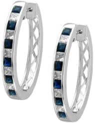 14k White Gold Princess-cut Diamond & Blue Sapphire Hoop Earrings (2 cttw, H-I, SI2)