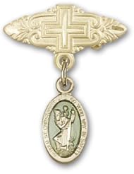 Gold Filled Baby Badge with Blue St. Christopher Charm and Badge Pin with Cross