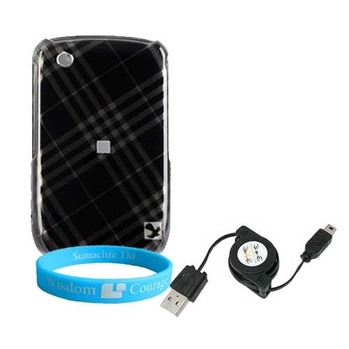 BlackBerry 9300 8530 8520 Black Stripe Case + Retractable Data Cable + Wisdom * Courage Wristband