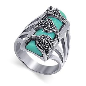 Sterling Silver Marcasite Band Turquoise Gemstone Ring by Gem Avenue