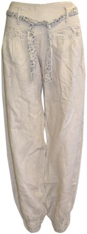 New Womens Linen Hareem Harem Cuffed Floral Tie Elasticated Waist Ladies Trousers Black Mocha Stone Coral White Navy Khaki Size 8 10 12 14 (12 (UK 16), Stone)