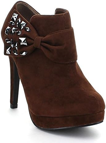 Rck Bella Dami-1 Women's Lovely Bow Rhinestone High Heel Bootie, Color:BROWN, Size:8.5